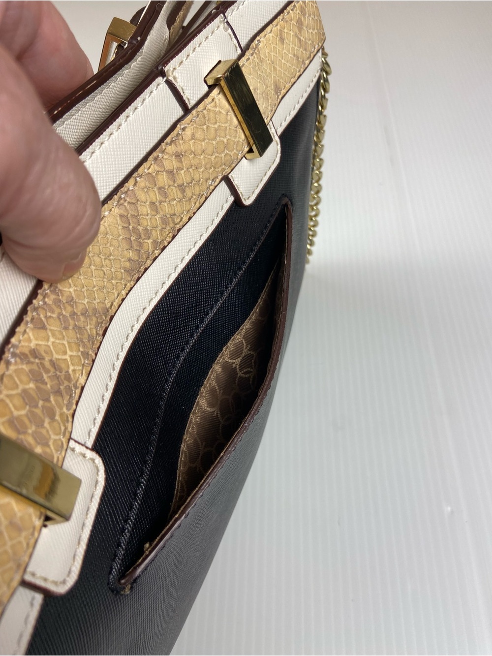 Ann Taylor Colorblock Genuine Leather Chain Shoulder Bag Snake Trim - Picture 8 of 13